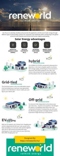 Reneworld is a forward-thinking and innovative solar energy company in Mauritius that is dedicated to providing sustainable energy solutions for both individuals and corporations. Our expert team designs, instals, and maintains a variety of solar systems, including photovoltaic panels, off-grid and grid-tied solar systems, hybrid solar solutions, and home solar solutions.