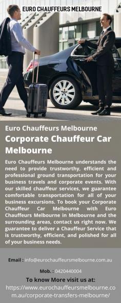 Corporate Chauffeur Car Melbourne 
Euro Chauffeurs Melbourne is aware of the importance of offering dependable, effective and polished ground transportation for business trips and corporate functions. We ensure pleasant transportation for all of your business trips with our expert chauffeur services. Get in touch with us right now to reserve your Corporate Chauffeur Car Melbourne with Euro Chauffeurs Melbourne in Melbourne and the neighbouring areas. For all of your business requirements, we promise to provide a Chauffeur Service that is reliable, effective, and well-groomed.
For more details visit us at: https://www.eurochauffeursmelbourne.com.au/corporate-transfers-melbourne/ 