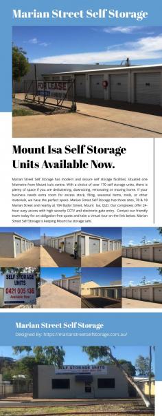 Marian Street Self Storage has modern and secure self storage facilities, situated one kilometre from Mount Isa’s centre.