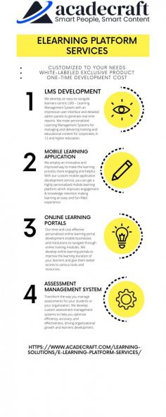 These platforms offer flexible, engaging, and accessible learning experiences tailored to individual needs. With interactive features, multimedia content, and personalized learning paths, eLearning platforms empower learners to acquire knowledge and skills at their own pace. Whether it's for academic education, professional development, or corporate training, eLearning platforms provide a dynamic and efficient way to enhance learning outcomes. Explore the possibilities and unleash your full learning potential with eLearning platform services.