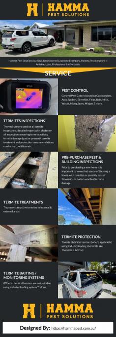 Hamma Pest Solutions are your local, family owned & operated pest control & termite management experts. Mark Hamilton is the owner operator who has 20 years local industry experience. We are fully licensed and insured to provide pest and termite management to your property. We use all the latest products and technologies including thermal cameras to safely keep you, your family, pets and your property pest free. Hamma Pest Solutions are honest, professional, reliable, and most importantly affordable covering all aspects of pest control and termite management.