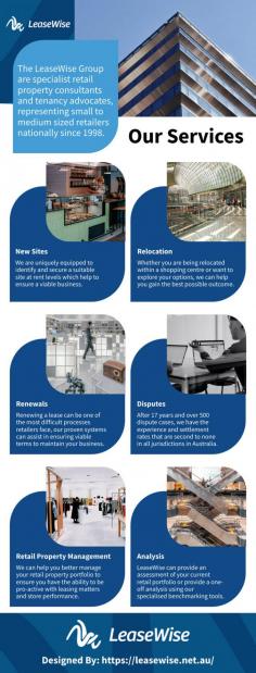 LeaseWise is a professional retail property consultancy business offering comprehensive quality leasing services. We have experienced leasing consultants and proficient administrators expert in commercial and retail real estate. If you need to find new premises for your business or negotiate a lease renewal then our trusted services can help. We handle the retail property management processes so that you can get back to focusing on growing your business. 