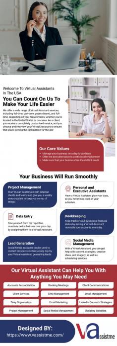 Virtual Assistant USA is in charge of offering business management professionals remote support. Conducting research and organizing data, engaging with clients or customers on behalf of their firm, and executing other secretarial activities such as updating calendars or sorting documents are all part of our responsibilities. VAssistme expert virtual assistants are adept at using technology and software tools. This enables them to carry out their job obligations from remote areas properly. They also have outstanding written and verbal communication skills, allowing them to compose professional documents and professionally converse with business customers.