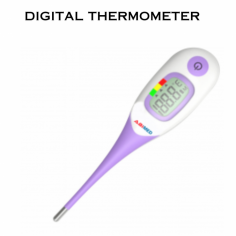 A digital thermometer is a medical device used to measure body temperature accurately and quickly. Flexible tip.  Predictive 5 seconds. Last Reading recall.  