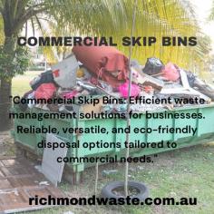 Efficient waste management with Commercial Skip Bins from Richmond Waste Solutions. Tailored for businesses, our bins offer convenience and reliability for industrial waste disposal. Choose from various sizes to suit your needs.