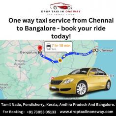 Experience seamless travel from Chennai to Bangalore with Drop Taxi In One Way. Our reliable Chennai to Bangalore cabs service offers comfortable rides at affordable rates. Enjoy the convenience of one-way travel without any return fare worries. Book now for a hassle-free journey with professional drivers and excellent customer service.