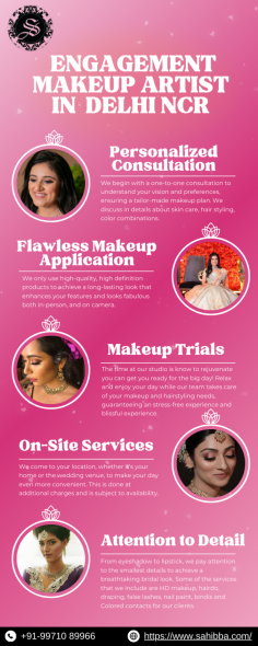 Discover your perfect look with our expert engagement makeup artist services in Delhi NCR. From flawless skin to captivating eyes, we tailor each makeup to enhance natural beauty, ensuring you radiate elegance on your special day.