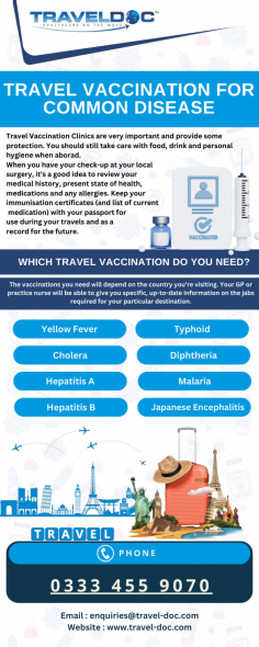 Travel Vaccination for Common Disease 

TravelDoc™ clinics are easy to access travel vaccination clinics and are a subsidiary medical service offered by Regent Street Clinic™. We offer travel vaccinations in Nottingham, Sheffield, Leicester, Derby, Liverpool, Norwich, Wakefield (Leeds), Lincoln, Birmingham and Newcastle.

The clinic is led by a team of specialist travel health doctors, who have undergone postgraduate training in the field of travel medicine (at the Royal College of Physicians and Surgeons of Glasgow), to address the health needs of the increasing numbers of people travelling abroad and to generally promote a positive, healthy and safe travel experience.

Know more: https://www.travel-doc.com/