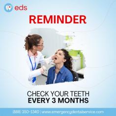 Teeth Check Every 3 Months | Emergency Dental Service

Keep your smile bright! Set a reminder every three months to check your teeth for optimal dental health. Regular dental check-ups can help you avoid cavities, gum disease, and oral health issues. Don't ignore your oral health and remain on top of your dental hygiene practice with this simple reminder. Schedule an appointment at 1-888-350-1340. 