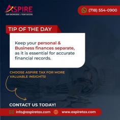 Separate Personal and Business Finances for Financial Clarity! It's important to maintain diverse accounts to ensure accurate financial records and streamline your financial management process. Need more expert advice on optimizing your finances? Choose Aspire Tax for valuable insights and guidance specialized to your needs.

Professional Bookkeeping Services: https://aspiretax.com/services/professional-bookkeeping-services.php