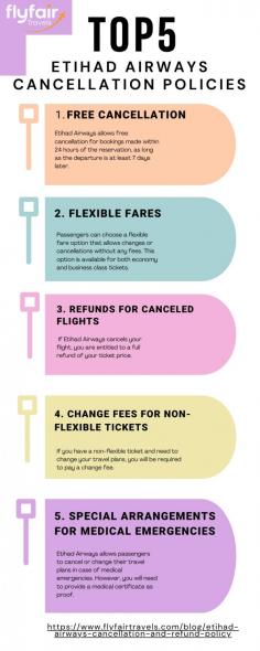 In this infographic, we will explore the top 5 Etihad Airways cancellation policies. Discover how passengers can benefit from free cancellations within 24 hours, flexible fare options, refunds for canceled flights, change fees for non-flexible tickets, and special arrangements for medical emergencies. Stay informed and plan your travels smartly with Etihad Airways.
