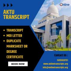 Online Transcript is a Team of Professionals who helps Students for applying their Transcripts, Duplicate Marksheets, Duplicate Degree Certificate ( Incase of lost or damaged) directly from their Universities, Boards or Colleges on their behalf. We are focusing on the issuance of Academic Transcripts and making sure that the same gets delivered safely & quickly to the applicant or at desired location. We are providing services not only for the Universities running in India,  but from the Universities all around the Globe, mainly Hong Kong, Australia, Canada, Germany etc.
https://onlinetranscripts.org/transcript/aktu-transcript-online/