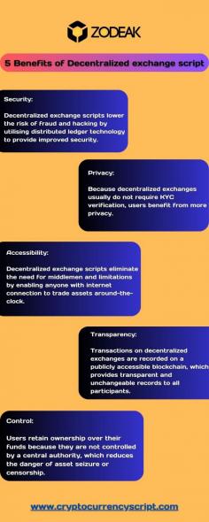 Discover the possibilities of decentralized banking with our infographic, which highlights the security, privacy, accessibility, transparency, and control as the five main advantages of decentralised exchange scripts. Learn why the way we trade digital assets is being changed by decentralized exchanges.

Know more : https://www.cryptocurrencyscript.com/decentralized-exchange-script 








