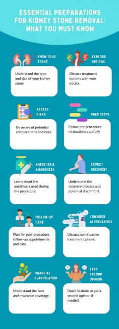 Essential Preparations for Kidney Stone Removal: 
What You Must Know

If you are diagnosed with a kidney stone, the next step your doctor may offer is kidney stone removal. There are certain kidney stone removal and treatment options in Singapore, depending on the type of your kidney stone and your current health condition.

Take a look at this infographic as it shares necessary information regarding pre-kidney stone removal. Visit this page for more information.