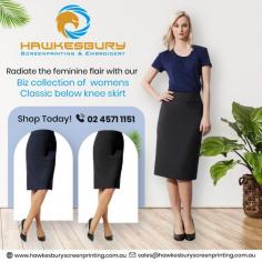 Radiate timeless elegance with our Biz collection featuring classic below knee skirts for women. Perfect for any occasion, these skirts blend style and comfort seamlessly. Explore a range of colors and designs that embody sophistication and versatility. Elevate your wardrobe with Hawkesbury Screen Printing & Embroidery's exquisite craftsmanship and attention to detail. Shop now!