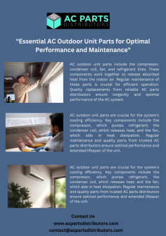 The AC outdoor unit  parts comprises vital components like the compressor, condenser coil, and fan, essential for heat dissipation and efficient cooling. Regular maintenance and quality replacements from trusted distributors ensure optimal performance and longevity of the outdoor unit, guaranteeing comfort in indoor environments.