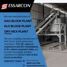 Essarcon a leading manufacturer of machinery for making Lightweight Bricks like AAC, ALC. Dry mix plants are also manufactured. 
Essarcon has 
•	14 yrs experience in Light Weight Brick machine plants
•	55+ projects done
•	15+ states covered in India
•	Sole provider of error-free, low-cost, advance technology ALC machines in India
•	1st in India with Hybrid lightweight brick machines
•	1 Year full technical support
