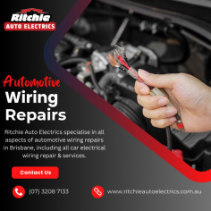 Trust Ritchie Auto Electrics for top-notch automotive wiring repairs. Our skilled technicians handle everything from diagnosing electrical issues to complete rewiring, ensuring your vehicle runs smoothly and safely. Contact us at (07) 3208 7133 for reliable service you can count on. Visit: https://www.ritchieautoelectrics.com.au/wiring.php