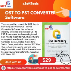 You can convert OST files to PST instantly using eSoftTools OST to PST Converter Software. This software is a very powerful tool and has a very fast process to convert OST files to PST. I can import multiple OST files to PST, MSG, EML, MBOX, Gmail, Yahoo Mail, IMAP accounts, and V-Card files. You can trust this software, and it is very easy to use. It can manage all email OST along with attachments, notes, tasks, events, contacts, calendars, and other items. This software also has more options for the users to understand like screenshots and graphic interface. This software works on Windows.
visit more:-https://www.esofttools.com/ost-to-pst-converter.html