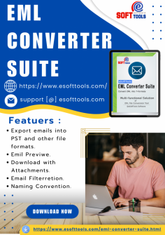  Export EML emails into PST and other file formats with the help of eSoftTools EML Converter Suite. You can check the preview of the email before conversion and after that, you can Convert EML emails into PST, Office365, Gmail, MBOX, NSF, EMLX, MSG, HTML, & MHTML files with all email attachments and data safety. Download now by clicking on the link.

Visit more:-  https://www.esofttools.com/eml-converter-suite.html

