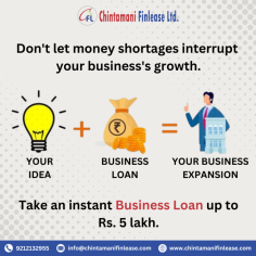 Don't let money shortages slow down your business! With our instant business loans up to Rs. 5 lakh, keep the growth momentum going strong. Access funds quickly and easily to fuel your business expansion. Apply now and stay focused on your success!