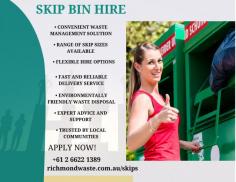 Efficient waste management made simple with Skip Bin Hire from Richmond Waste. Choose from various sizes to suit your needs, ensuring hassle-free disposal for residential and commercial projects. Book now for convenient and eco-friendly solutions."