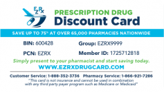 Get discounted prescription medication with EZRX Drug Card! Save on your prescriptions at over 65,000 pharmacies nationwide. Simply present your card to the pharmacist to enjoy instant savings, with no enrollment fees or restrictions. Start saving today with EZ Rx Drug Card! Visit https://www.ezrxdrugcard.com/ for more details.
