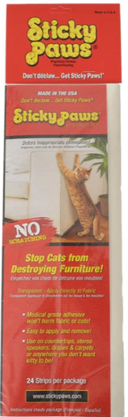Pioneer Sticky Paws Furniture Strips are transparent strips that apply directly to fabric, countertops, drapes, carpets - anywhere, really - and create a tactile sensation cats can't stand. These unique strips allow you to protect your furniture without declawing!