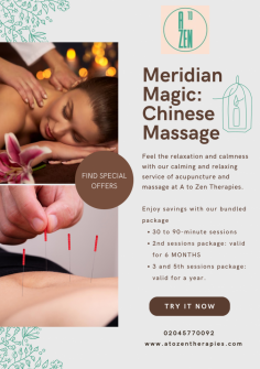 Rediscover relaxation and rejuvenation with traditional Chinese massage at A to Zen Therapies. Our expert therapists will melt away your stress and tension, leaving you feeling refreshed, revitalized, and ready to take on the world. Book your appointment today!