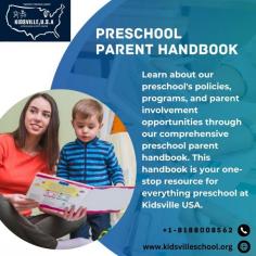 Learn about our preschool's policies, programs, and parent involvement opportunities through our comprehensive preschool parent handbook. This handbook is your one-stop resource for everything preschool at Kidsville USA. It's designed to answer all your questions and ensure a great start for your child. Access your free handbook now and join our community!
