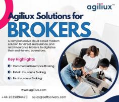 Agiliux's comprehensive cloud-based insurance broking software solutions tailored for UK brokers. Our platform streamlines operations, enhances client management, and ensures regulatory compliance. With intuitive interfaces and robust features, managing policies, claims, and client interactions has never been more seamless. Elevate your brokerage's performance and stay ahead in the competitive landscape with Agiliux.
