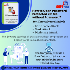 Users can now try eSoftTools Zip Password Recovery Software. This Software has three best and smart Methods: Brute Force Attack, Mask Attack, and Dictionary Attack. The zip file Password recovers without any problem. This Software recovers many characters:- Alphabetic characters, Numerical characters, Symbolic characters, and other characters. It can support all Windows OS:- Win11, Win10, Win8.1, Win8, Win7, WinXp, Vista, and other editions. The company Provide a Free Demo to unlock the first three character without any Pay.
Website:- https://www.esofttools.com/zip-password-recovery.html