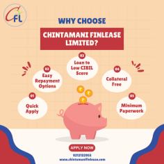 Choose Chintamani Finlease Limited for reliable financial solutions tailored to your needs. With a trusted reputation, competitive rates, and personalized service, we make achieving your financial goals easy and hassle-free. Join us and experience the difference today!