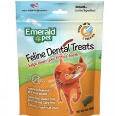 Emerald Pet Feline Dental Treats are the healthy grain-free dental solution your cat will love! These all-natural and nutritious crunchy treats are irresistible to cats. Discerning pet owners will love that theyre grain-free, gluten-free, soy-free, dairy-free, and made in the USA with US ingredients. Whimsical fish-shaped treats are big enough to encourage chewing versus just swallowing for maximum dental health. With innovative ingredients used to fight plaque and tartar, these delicious treats are rewarding for cats and their parents.