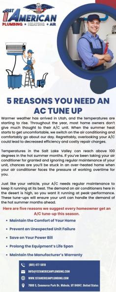 1st American Plumbing, Heating, & Air offers fast and efficient AC repair services to ensure comfort. We prioritize efficiency and quality by employing skilled technicians who diagnose and repair AC issues. You can trust us to promptly restore your cooling system to its optimal function, keeping your home comfortable even during hot weather. For more information about Air Conditioning Repair in Riverton, please get in touch with us at (801) 477-5818.

Website: https://1stamericanplumbing.com/service-area/riverton/