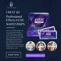 Crest 3D Professional Effects LUXE Whitestrips

Achieve The White Smiles with Crest 3D Professional Effects LUXE Whitestrips. Simply peel off the strips from their backing liner, apply gently to your teeth, aligning with your gum line. Press firmly for secure contact. After 30 minutes, reveal your brilliantly white smile by peeling off the strips. Use once a day for transformative results.Visit to know more:- https://thewhitesmiles.com/shop/crest-whitening-strips-professional