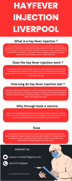 Book a vaccine negotiate bulk prices with the service providers, hence our customers enjoy the low prices. Although our prices are competitive in the market but we do not rule out occasional clinics where you may find a lower price then us.
Know more: https://www.hayfeverinjection.com/hayfever-injection-liverpool/
