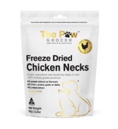 "The Paw Grocer Freeze Dried Chicken Necks Dog and Cat Treats

The bone content of chicken necks provides an excellent dose of CALCIUM, which is vital for the health of bones & teeth, it is also full of GLUCOSAMINE & CHONDROITIN.

For More information visit: www.vetsupply.com.au
Place order directly on call: 1300838787"