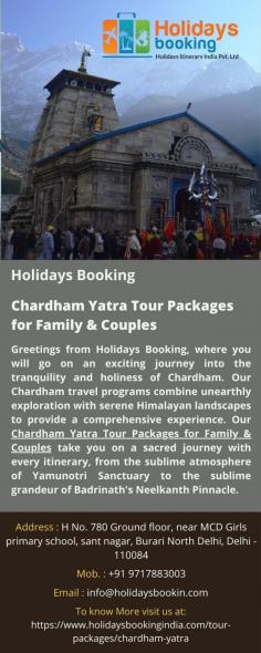 Chardham Yatra Tour Packages for Family & Couples
Greetings from Holidays Booking, where you will go on an exciting journey into the tranquility and holiness of Chardham. Our Chardham travel programs combine unearthly exploration with serene Himalayan landscapes to provide a comprehensive experience. Our Chardham Yatra Tour Packages for Family & Couples take you on a sacred journey with every itinerary, from the sublime atmosphere of Yamunotri Sanctuary to the sublime grandeur of Badrinath's Neelkanth Pinnacle. 
For more details visit us at: https://www.holidaysbookingindia.com/tour-packages/chardham-yatra 