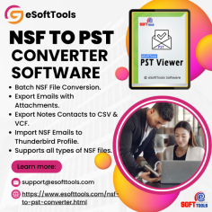 You know, eSoftTools Software is in a market new software launch, and users are very happy because user-related software problems are solved and represent NSF to PST Converter Software. This software quickly processes import to NSF files to PST. It can single and bulk NFS files convert to PST. Free conversion to NFSfile to PST, Gmail, Office 365, Yahoo Mail, NSF, MBOX, IMAP, Thunderbird, EML, HTML, EMLX, and other formats. Easily to use and very simple to understand this software. Users can few steps to switch NFS to PST files. This software shows a live preview of all emails before importing NSF to PST. It can support all Windows versions.

Visit more:- https://www.esofttools.com/blog/lotusnotesnsftopstconverter/

website:- https://www.esofttools.com/nsf-to-pst-converter.html