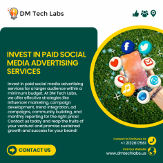 Invest in paid social media advertising services for a larger audience within a minimum budget. At DM Tech Labs, we offer effective strategies like influencer marketing, campaign development, trend integration, ad campaigns, community building, and monthly reporting for the right price! Contact us today and reap the fruits of your venture! and promise sustained growth and success for your brand!