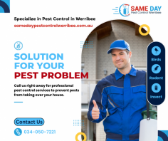 Are pests causing havoc in your home or office in pest control services? Look no further! Our expert pest control services at Same Day Pest Control Werribee are here to provide you with quick and effective solutions. We specialize in dealing with a wide range of pests, including ants, cockroaches, rodents, and more. Our team of skilled professionals is equipped with the latest tools and techniques to ensure that your property is pest-free in no time. With our affordable and reliable services, you can have peace of mind knowing that your space is protected from unwanted intruders. Visit our website at https://samedaypestcontrolwerribee.com.au/ to learn more about our services and schedule an appointment today. Don't let pests take over – trust Same Day Pest Control Werribee to keep your property safe and pest-free.