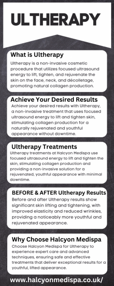 Ultherapy is a non-invasive cosmetic procedure that utilizes focused ultrasound energy to lift, tighten, and rejuvenate the skin on the face, neck, and décolletage, promoting natural collagen production.