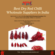 Agrocrops is a prominent brand in the field of Red Chilli Exporters. We deliver fresh and standard-quality chillies that are grown with the help of organic fertilizers like cow manure, dry leaves, etc. Along with the first-class quality, we also take care of the packaging and shipment service of our dry red chillies.
For more details visit us at - https://www.spicesindia.net/
Address- D.No 25-16-180, 181, Mirichi Yard Road, Guntur, Andhra Pradesh, 522005
Email Us - contact@agrocrops.com
Call us - +91 97013 63424
