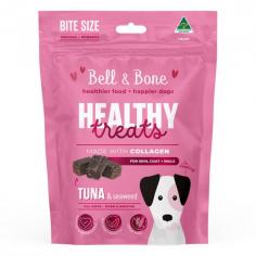 Bell & Bone Healthy Treats for Skin Coat + Nails Tuna & Seaweed: These treats restore moisture in dogs' skin, elevate their shiny fur, and strengthen their nails.
