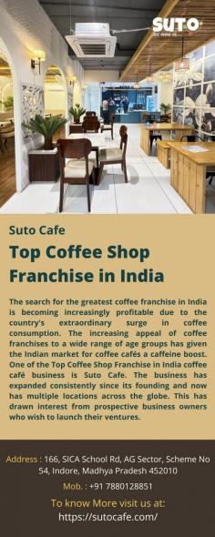 Top Coffee Shop Franchise in India
The search for the greatest coffee franchise in India is becoming increasingly profitable due to the country's extraordinary surge in coffee consumption. The increasing appeal of coffee franchises to a wide range of age groups has given the Indian market for coffee cafés a caffeine boost. One of the Top Coffee Shop Franchise in India coffee café business is Suto Cafe. The business has expanded consistently since its founding and now has multiple locations across the globe. This has drawn interest from prospective business owners who wish to launch their ventures.
For more details visit us: https://sutocafe.com/ 