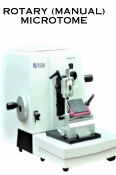  Fision rotary (Manual) microtome is an ergonomic benchtop unit with a coarse-advance hand wheel and convenient consumable stacking. It offers a section thickness range of 0-60 µm and accommodates specimens up to 60x50 mm. The specimen's angle can be adjusted on the X-axis and Y-axis by 8°. Fast switching between different specimen clamps. 