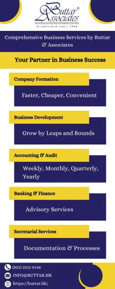 Buttar & Associates provides services Accounting and audit, Company formation, business development also immigration and visa, Banking and Finance Tax. This is one of the best company in Hong Kong for such services. They provide services in different fields.