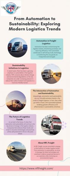 From Automation to Sustainability: Exploring Modern Logistics Trends - Explore pivotal logistics trends influencing freight logistics today. Discover how integrating automation and sustainable practices reshapes logistics operations, enhances efficiency, and fosters a greener supply chain. Visit here to know more:https://nationalfreightlogisticsblog.wordpress.com/2024/05/14/from-automation-to-sustainability-exploring-modern-logistics-trends/