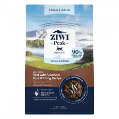 ZIWI Peak Steam & Dried Grass-Fed Beef with Southern Blue Whiting: This dry cat food contains high-quality natural ingredients to support overall skin health and a shiny coat.
